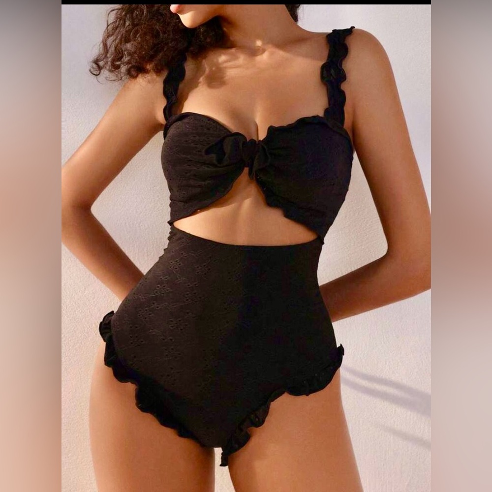 Black Eyelet Cutout One-Piece Swimsuit with Ruffle Straps
